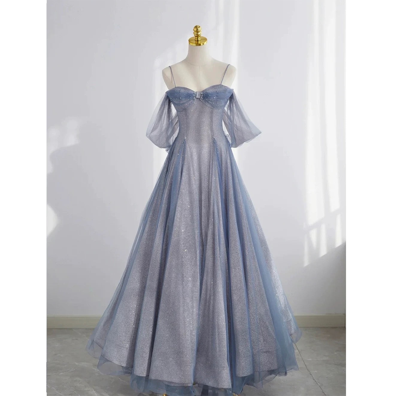 Pretty A Line Off The Shoulder Blue Sequin Tulle Long Length Evening Dress Prom Dresses SD2793