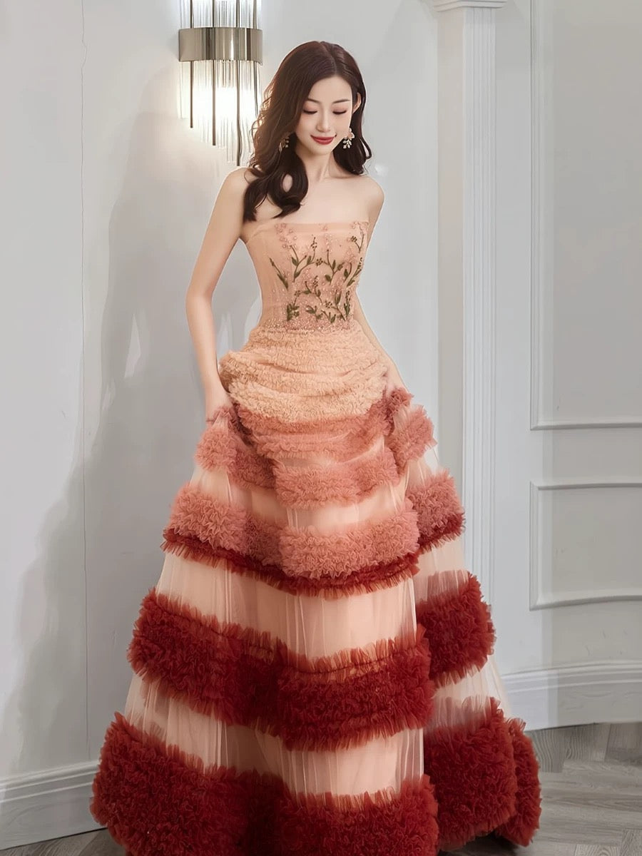 Gorgeous Balll Gown Strapless Tulle Pink Ruffles Long Evening Dress Prom Dresses SD2801