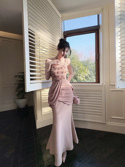 Pretty Mermaid Spaghetti Straps Pink Long Evening Dress Prom Dresses SD2804