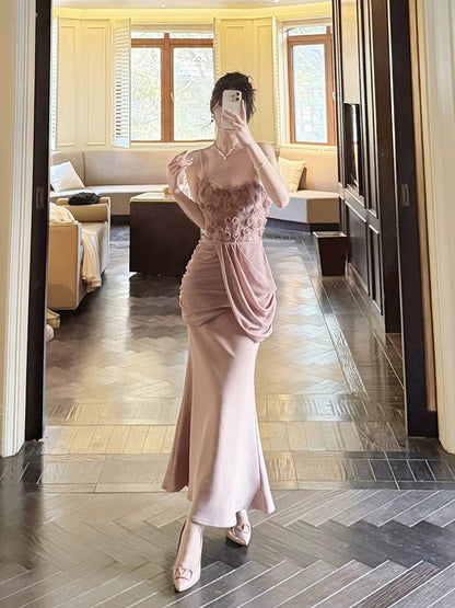Pretty Mermaid Spaghetti Straps Pink Long Evening Dress Prom Dresses SD2804