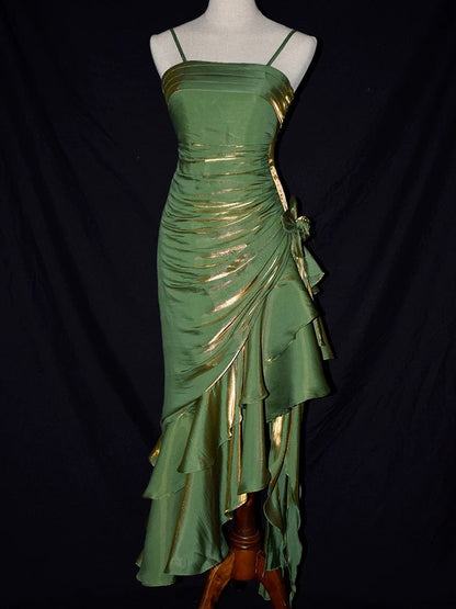 Vintage Mermaid Spaghetti Straps Satin Long Party Dress Prom Dresses SD2806