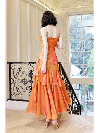 Modest Mermaid Spaghetti Straps Organge Ankle Length Evening Dress Prom Dresses SD2812