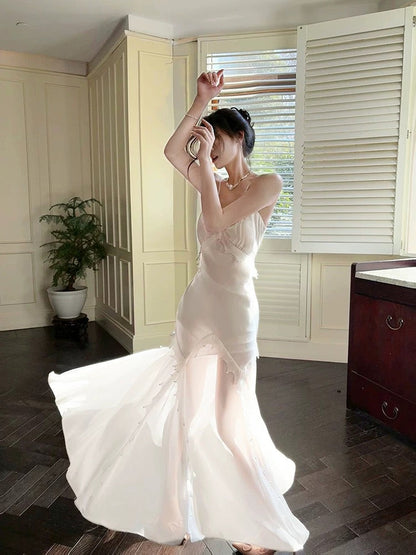 Modest Mermaid Spaghetti Straps White Long Evening Dress Prom Dresses SD2813