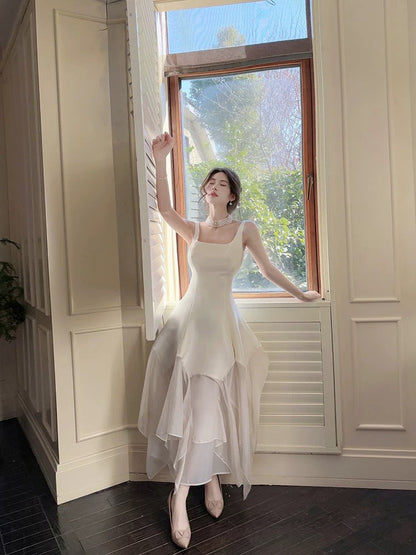 Pretty A Line Square Neckline White Ankle Length Evening Dress Prom Dresses SD2815