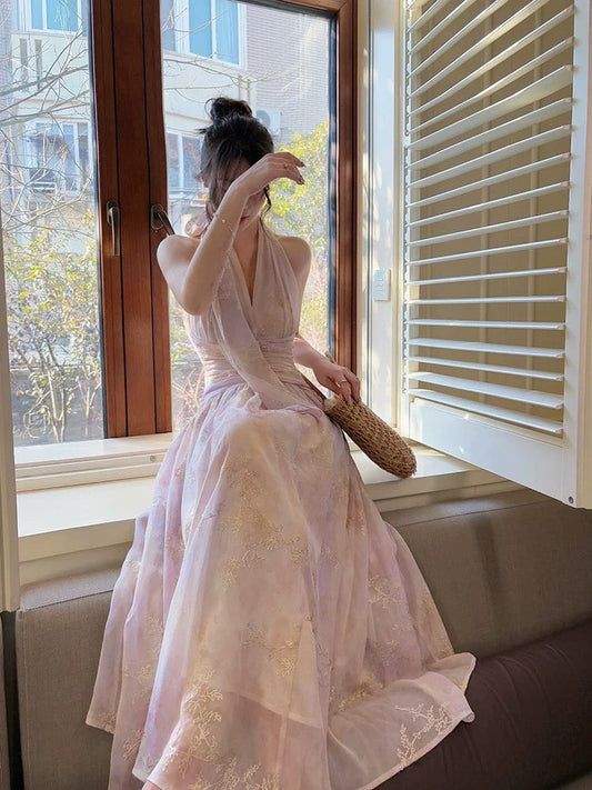 Pretty A Line Halter Pink Chiffon Floral Ankle Length Evening Dress Prom Dresses SD2821