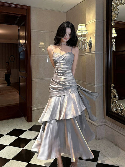Retro Mermaid Spaghetti Straps Gray Long Length Evening Dress Prom Dresses SD2827