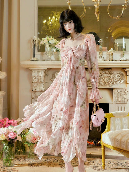Pretty A Line Sweetheart Long Sleeves Pink Floral Chiffon Ankle Length Evening Dress Prom Dresses SD2830