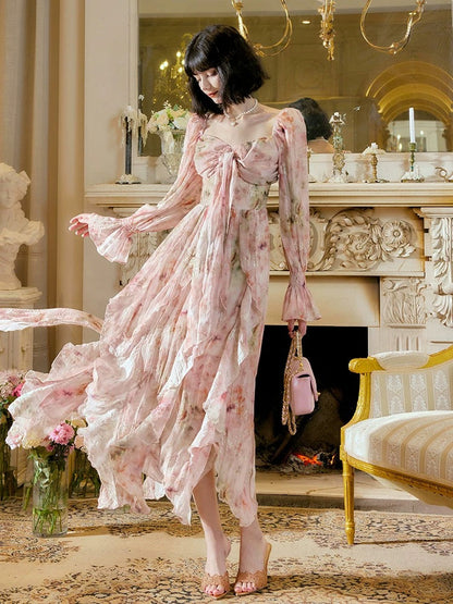 Pretty A Line Sweetheart Long Sleeves Pink Floral Chiffon Ankle Length Evening Dress Prom Dresses SD2830