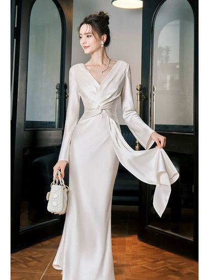 Modest Mermaid V Neckline Satin Ankle Length Evening Dress Prom Dresses SD2858