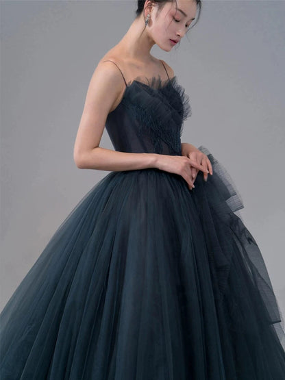 Sexy Ball Gown Spaghetti Straps Neckline Gray Tulle Evening Dress Prom Dresses SD2860