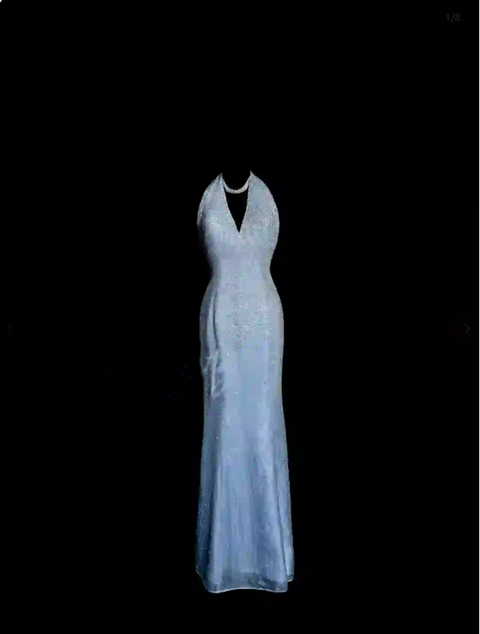 Vintage Mermaid Halter Neck Blue Sequin Prom Gown Fairy Prom Dresses SD2905