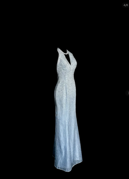 Vintage Mermaid Halter Neck Blue Sequin Prom Gown Fairy Prom Dresses SD2905