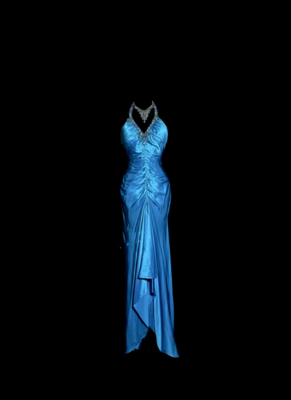 Vintage Mermaid Halter Neck Royal Blue Satin Backless Prom Gown Fairy Prom Dresses SD2907