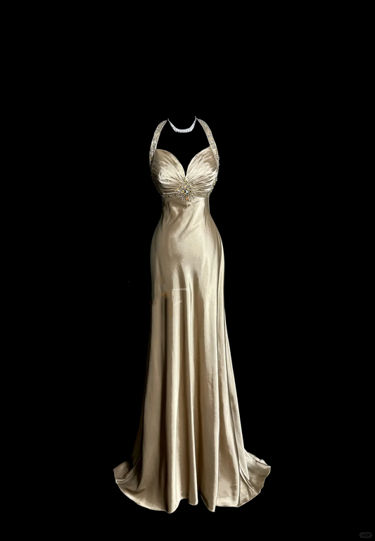Aesthetic A line Halter Neckline Champagne Satin Prom Dress Ruffle Long Party Dress SD2908