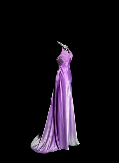 Aesthetic A line Halter Neckline Lilac Satin Prom Dress Ruffle Long Party Dress SD2910
