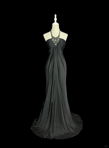 Vintage Mermaid Halter Gray Long Prom Gown Fairy Prom Dresses SD2938