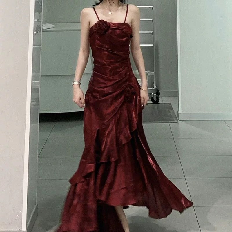 Vintage Mermaid Spaghetti Straps Burgundy Long Party Dresses Birthday Outfits SD2947