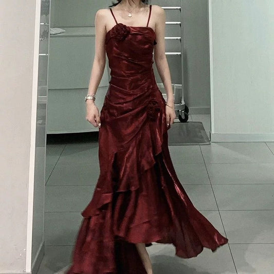 Vintage Mermaid Spaghetti Straps Burgundy Long Party Dresses Birthday Outfits SD2947