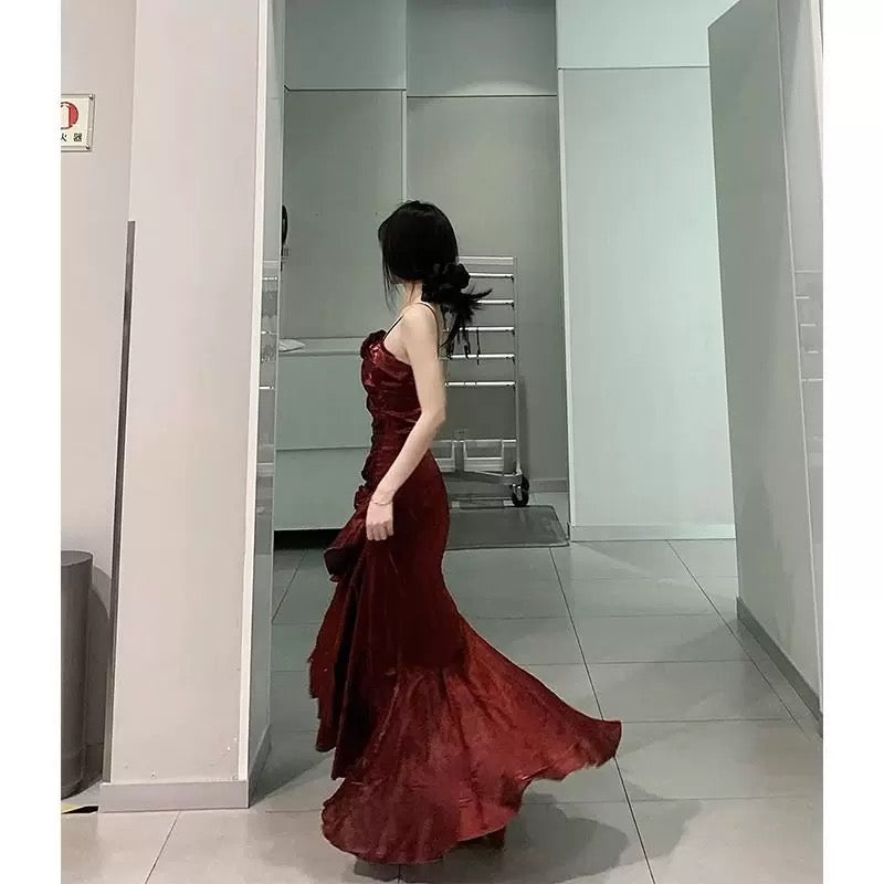 Vintage Mermaid Spaghetti Straps Burgundy Long Party Dresses Birthday Outfits SD2947