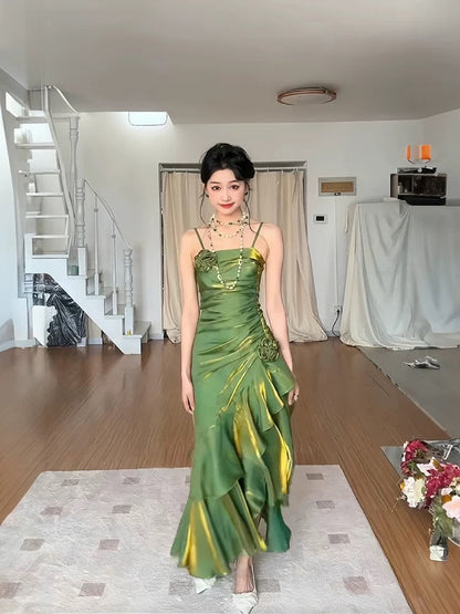 Vintage Mermaid Spaghetti Straps Long Party Dresses Birthday Outfits SD2950