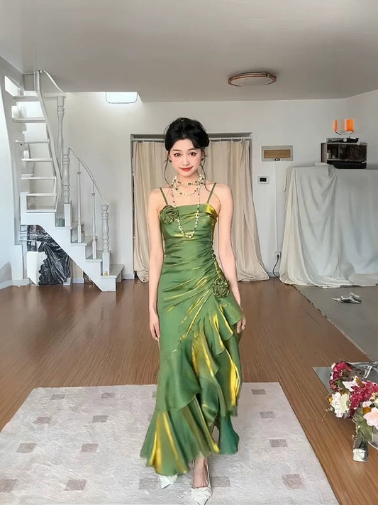 Vintage Mermaid Spaghetti Straps Green Long Party Dresses Birthday Outfits SD2948
