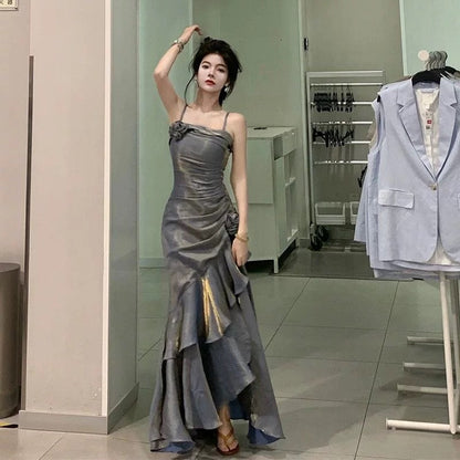 Vintage Mermaid Spaghetti Straps Gray Long Party Dresses Birthday Outfits SD2949
