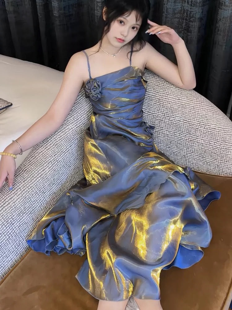 Vintage Mermaid Spaghetti Straps Long Party Dresses Birthday Outfits SD2950