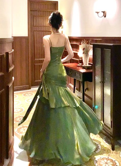 Retro Green Mermaid Straps Long Satin Party Dress, Green Satin Evening Dress Prom Dress SD2952