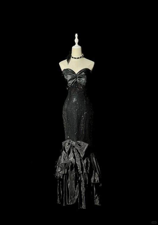 Vintage Mermaid Sweetheart Black Sequin Long Prom Gown Fairy Prom Dresses SD2961