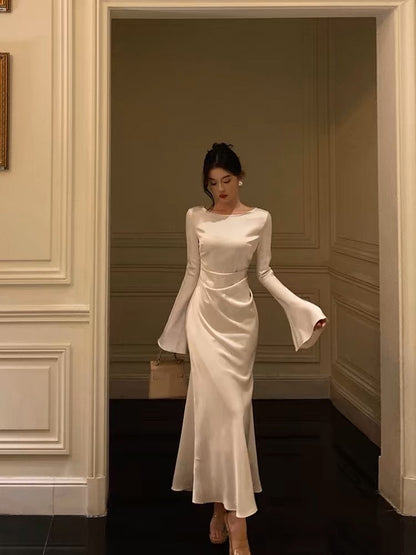 Chic Mermaid Boat Neckline Long Sleeves Silk Satin Prom Dresses Birthday Dress SD300