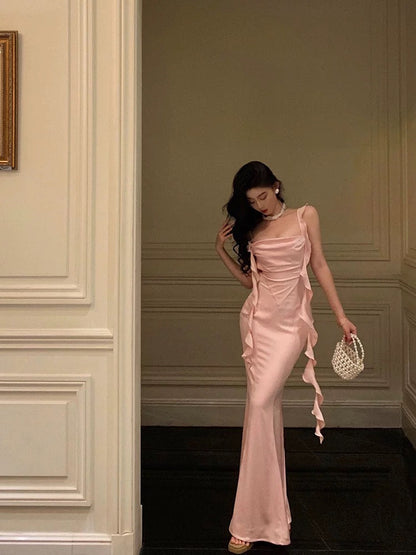 Sexy Mermaid Straps Neckline Backless Silk Satin Pink Slit Prom Dresses Birthday Outfits SD301