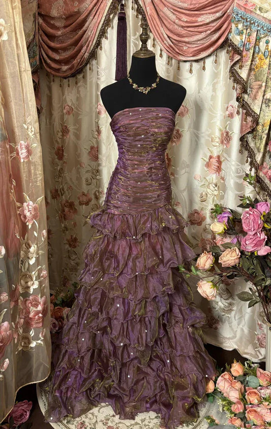 Purple & Brown Gradient Bandeau Layered Dress: Sequin Decoration, Waist-cinched Mermaid, Retro Banquet Heavy-duty Maxi Dress gh6589