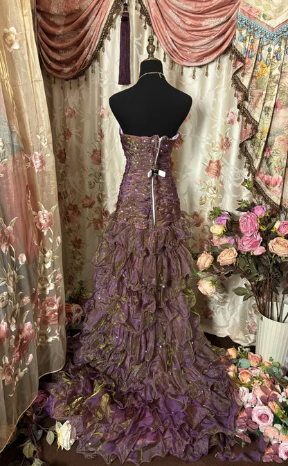 Purple & Brown Gradient Bandeau Layered Dress: Sequin Decoration, Waist-cinched Mermaid, Retro Banquet Heavy-duty Maxi Dress gh6589
