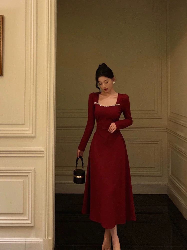 Simple A line Square Neckline Long Sleeves Red Prom Dresses Birthday Dress SD413