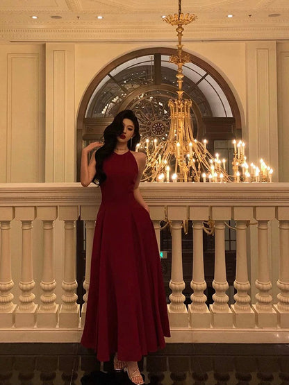 Sexy A Line Boat Neckline Sleeveless Burgundy Ankle Length Prom Dresses Birthday Outfits SD632