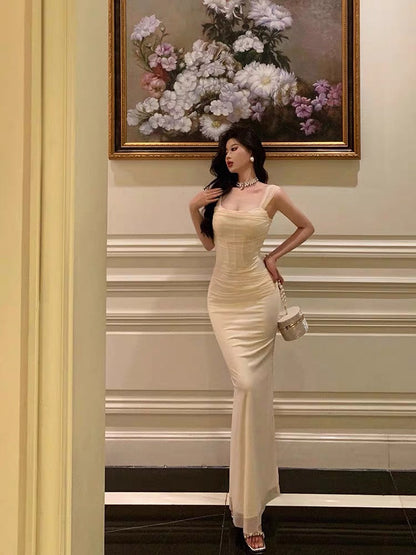 French Sheath Straps Ivory Long Tulle Prom Dresses Birthday Outfits SD741
