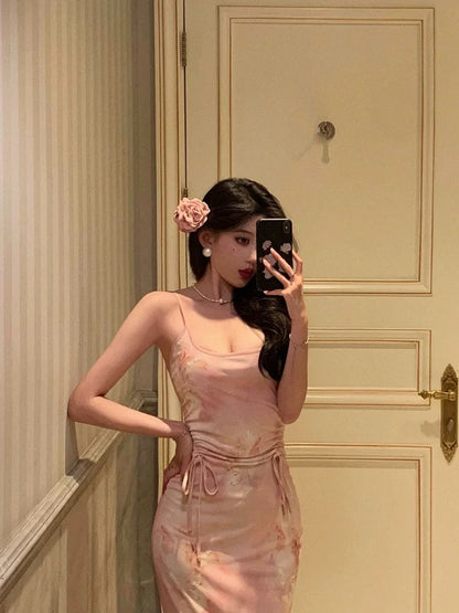 Stunning Sheath Spaghetti Straps Pink Floral Date Night Dress Prom Dresses Birthday Outfit SD802