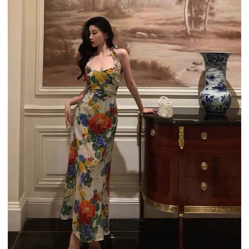 Pretty A Line Halter Floral Long Prom Dresses Birthday Outfits Evening Gown SD820