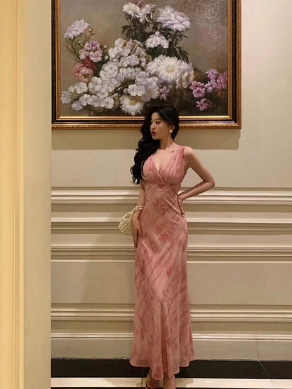 Stunning A Line V neckline Long Date Night Dress Pink Prom Dresses Birthday Outfit SD822