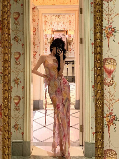 Classy A Line Spaghetti Straps Pink Chiffon Floral Prom Dresses Birthday Outfits Evening Gown SD867