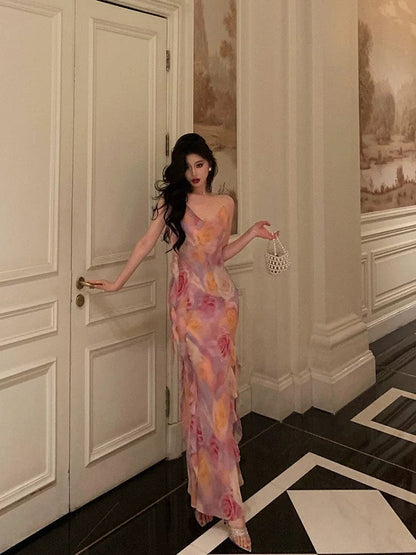 Classy A Line Spaghetti Straps Pink Chiffon Floral Prom Dresses Birthday Outfits Evening Gown SD867