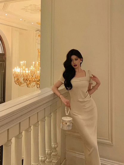 Stunning Sheath Square Neckline Short Sleeves Date Night Dress Prom Dresses Birthday Party Outfit SD882
