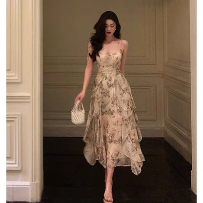 Pretty A Line Spaghetti Straps Chiffon Floral Sleeveless Date Night Dress Prom Dresses Birthday Party Outfit SD886
