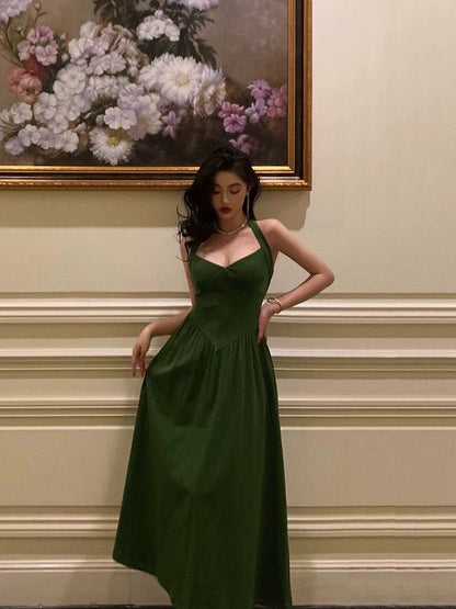 Classy A Line Halter Dark Green Prom Dresses Birthday Outfits Evening Gown SD903