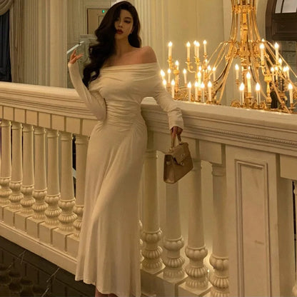 Simple Sheath Off The Shoulder Long Sleeves Ivory Prom Dresses Birthday Outfits Evening Gown SD923