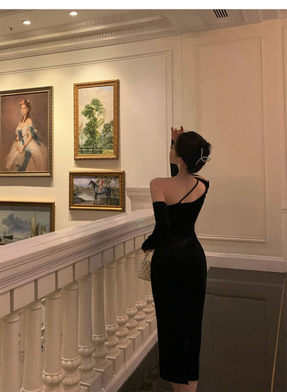 Elegant Sheath One Shoulder Black Prom Dresses Birthday Outfits Evening Gown SD960