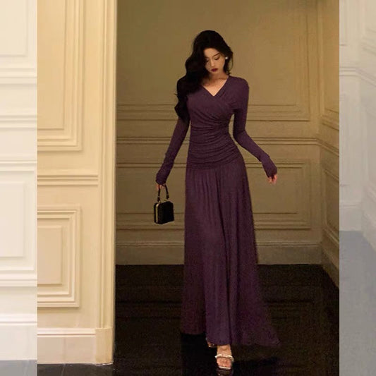 Elegant Sheath V Neckline Grape Long Prom Dresses Birthday Outfits Evening Gown SD980