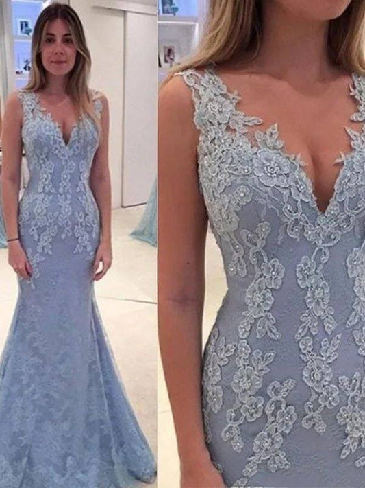 Trumpet/Mermaid V-neck Sleeveless Applique Sweep/Brush Train Lace Dresses - RongMoon