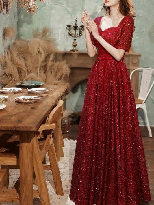 A-Line Glittering Minimalist Wedding Guest Formal Evening Dress Scoop Neck Short Sleeve Floor Length Sequined with Pleats Sequin - RongMoon