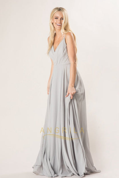 A-line Deep V-Neck Long Chiffon Bridesmaid Dresses with Spaghetti Straps